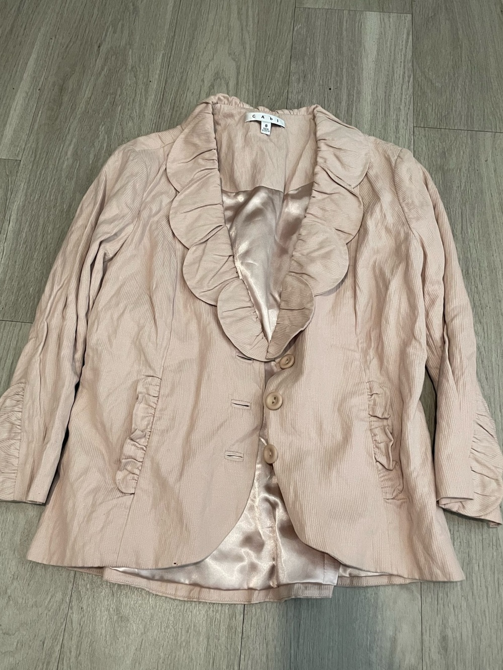 CAbi Blush Pink Ruffled Collar Jacket